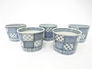 古伊万里　染付　市松　蕎麦猪口　5客揃